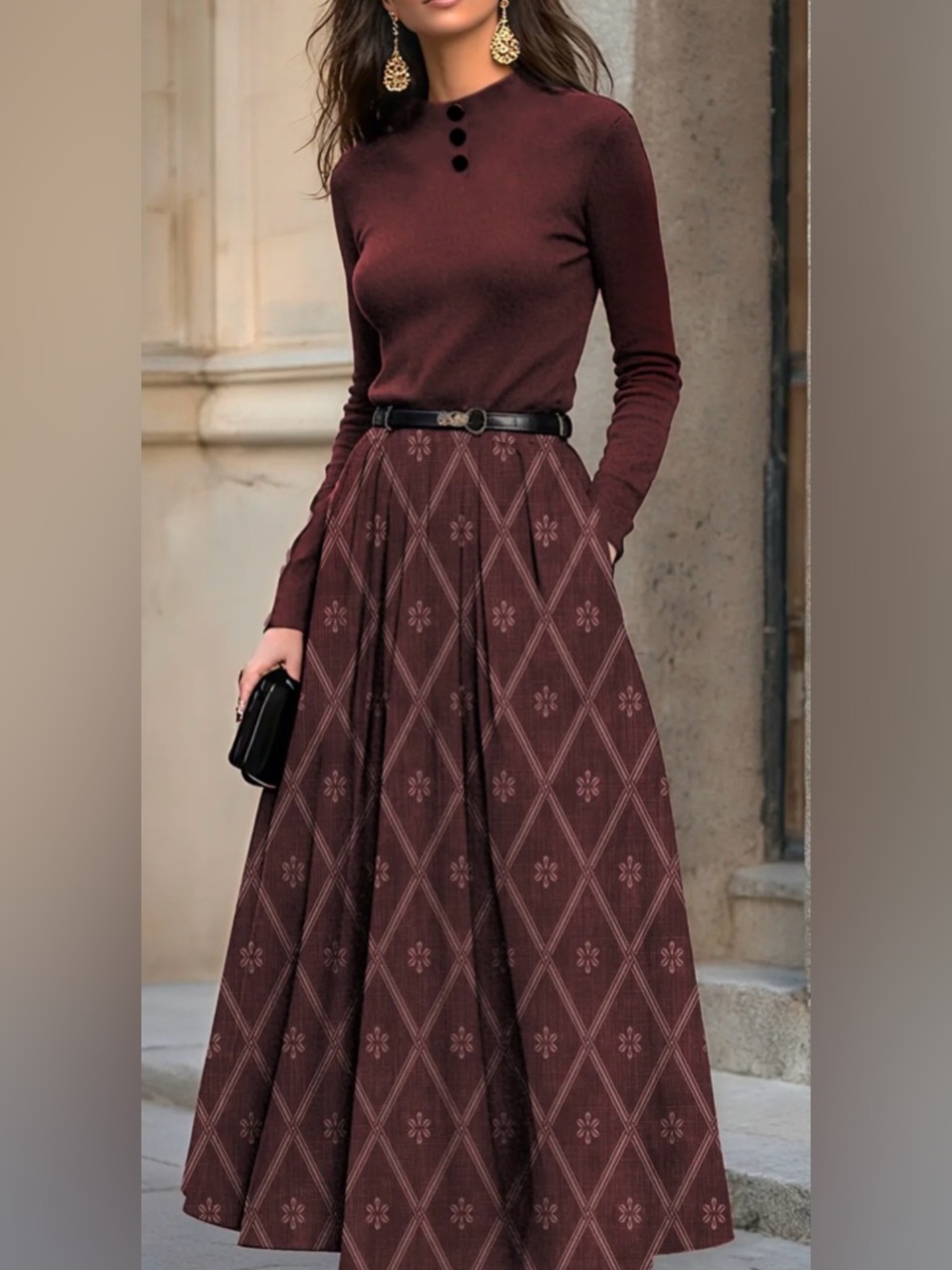 Women's Burgundy Diamond-Print Maxi Dress Classic A-Line #167
